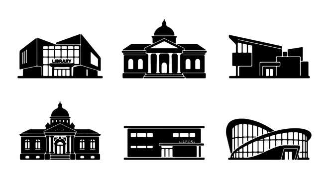 Modern and classical building silhouettes, architectural landmarks, black vector icons set