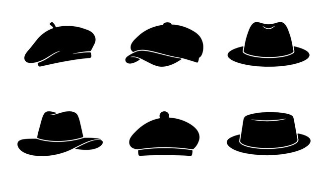 Stylish black hat collection, diverse headwear silhouettes, fashion accessories vector set