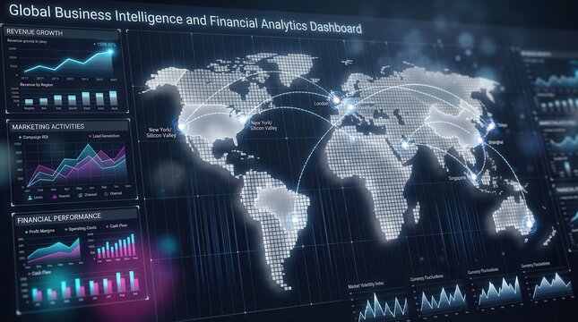 Global Business Intelligence Dashboard with Financial Analytics and World Map Data Visualization