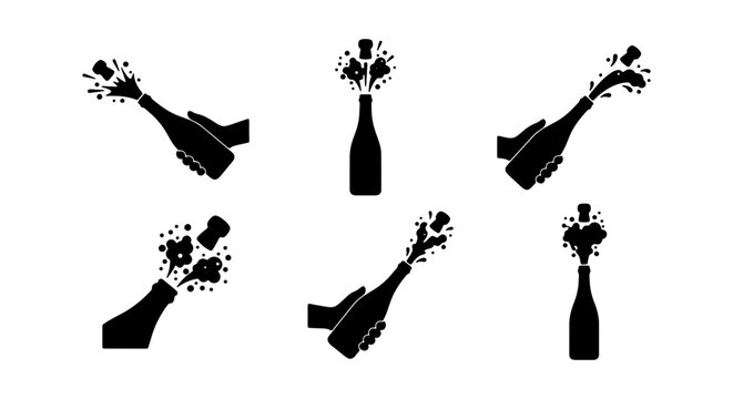 Champagne Bottle Pop Icons, Celebration Beverage Burst Vector Set, Festive Alcohol Liquid Splash