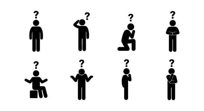 Question Mark Stick Figure Icons, Pondering Person Silhouette, Thinking Man Poses, Confusion Symbols