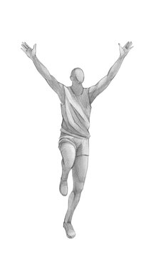 Celebrating athlete raising arms while running in athletic attire  