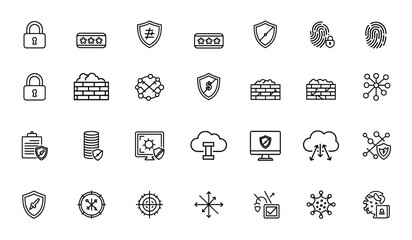 Editable stroke security icon set. Thin line vector illustration collection of cyber security, internet protection, data safety, network defense, privacy, digital shield, firewall and more. © JIm Studio