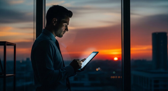 Dedicated businessman using a tablet against a beautiful sunset city skyline, perfect for professional vision and tech concepts