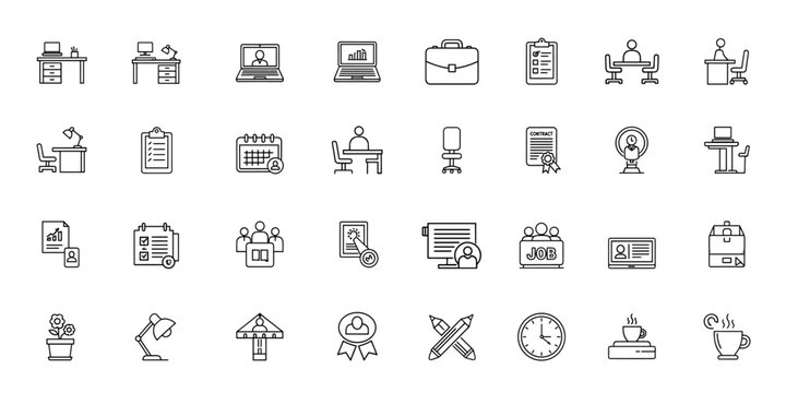 Editable stroke office icon set. Thin line vector illustration collection of coworking and workspace icons for office, business, desk, teamwork, meeting, productivity, remote work and more.