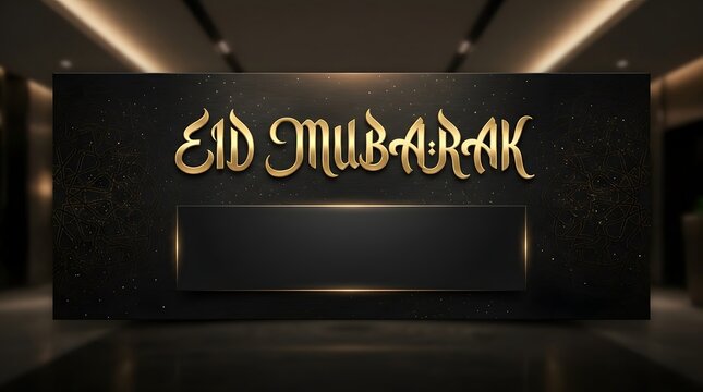 Golden ornate eid mubarak text with glowing particles on dark stage
