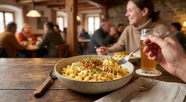 Person eating k&auml;sesp&auml;tzle in a traditional tavern. Cheesy german pasta dish with fried onions