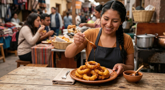 Peruvian woman serving picarones with syrup in a market. Traditional street food preparation