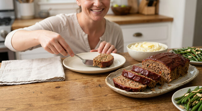 Woman serving homemade meatloaf with mashed potatoes. Family dinner concept in home kitchen