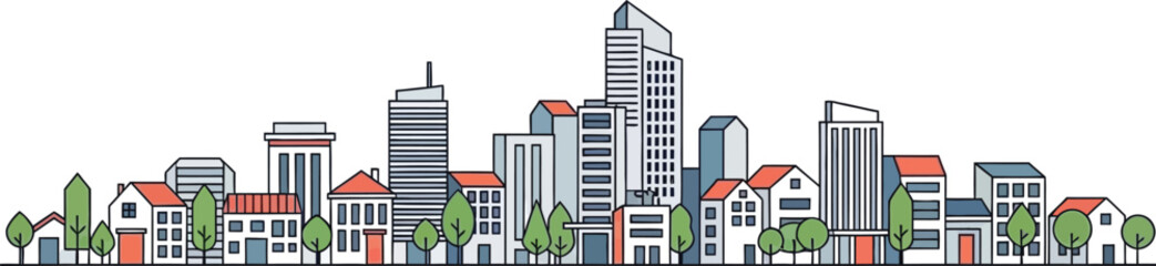 Obraz premium A beautiful panoramic cityscape illustration with detailed buildings skyscrapers and lush green trees in a clean modern architectural line art style