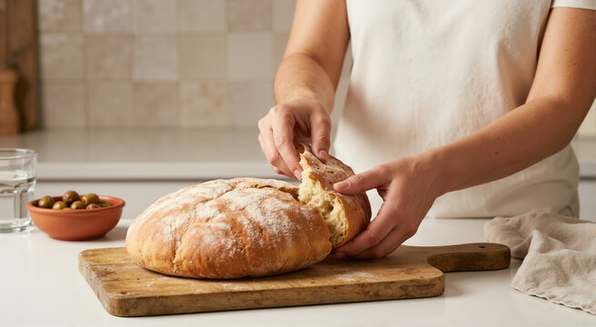 Person breaking a piece of fresh khobz bread. Traditional flatbread on a wooden board