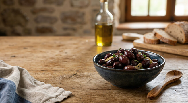 Bowl of kalamata olives with herbs on a rustic wooden table. Mediterranean appetizer with olive oil and bread