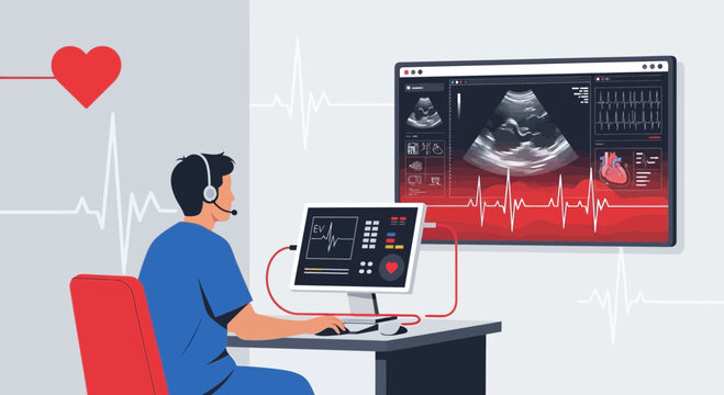 Doctor reviews ultrasound scan on computer screen, telemedicine consultation, modern healthcare technology