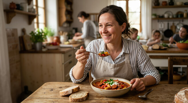 Woman eating traditional Hungarian Lecs&oacute; stew in a rustic kitchen. Homemade vegetable stew