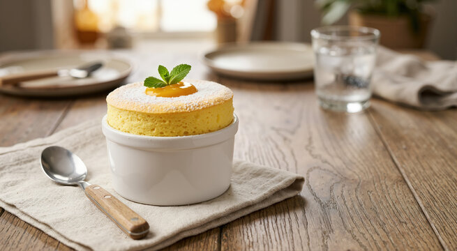 Freshly baked mango souffle in a white ramekin. Dessert with powdered sugar and mint garnish