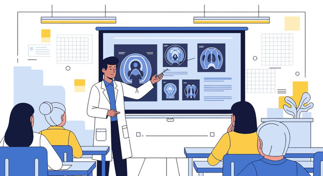 Doctor presenting MRI scans to students in a classroom setting, medical education concept