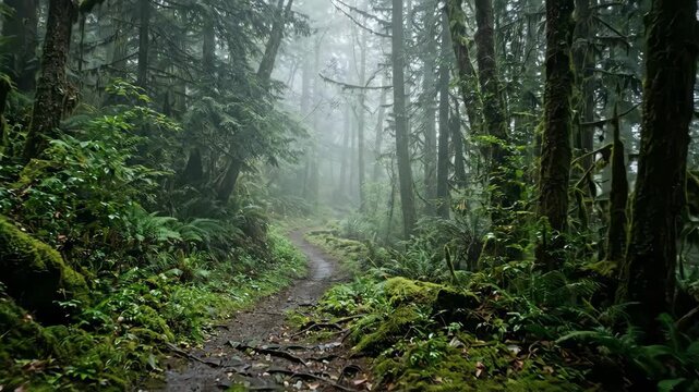 Tracking shot of mossy forest path winding forward through dense temperate rainforest with morning fog and damp undergrowth along narrow trail