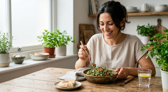 Woman eating tabbouleh salad in a bright kitchen. Healthy Mediterranean vegetarian meal