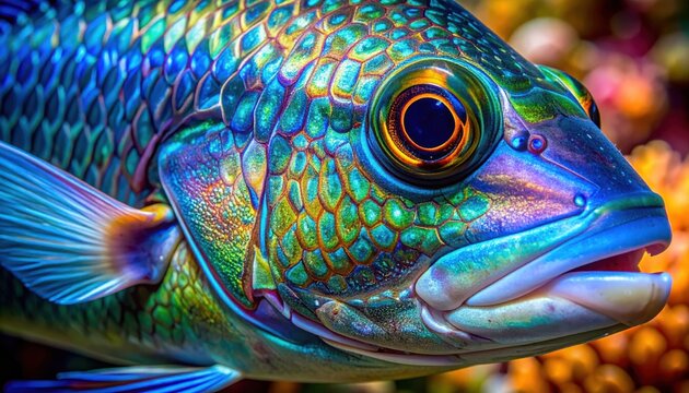 Extreme Close-Up of a Tropical Reef Fish's Intricate Scales and Vibrant Iridescent Colors