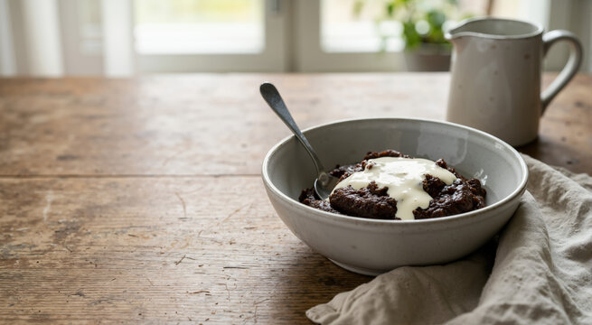 Bowl of m&auml;mmi with cream on a wooden table. Traditional Finnish Easter dessert. Sweet dark porridge