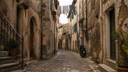 Naklejka premium A narrow cobblestone street in a historic italian village features rustic buildings weathered walls hanging laundry and a parked scooter captured in this authentic street photograph