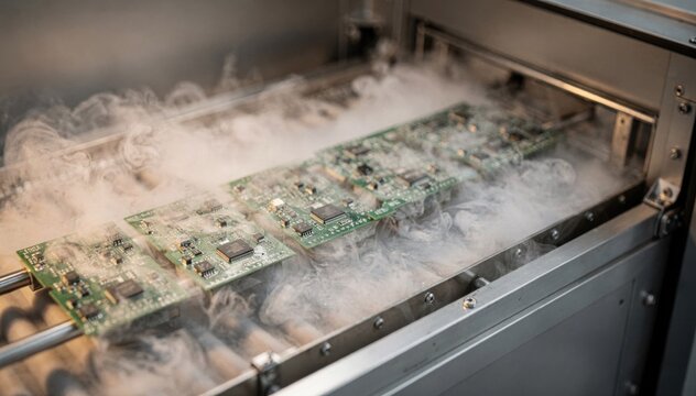 Medium frame showing vapor phase reflow oven process with circuit boards passing through saturated vapor zones highlighting uniform heat distribution on electronic components.