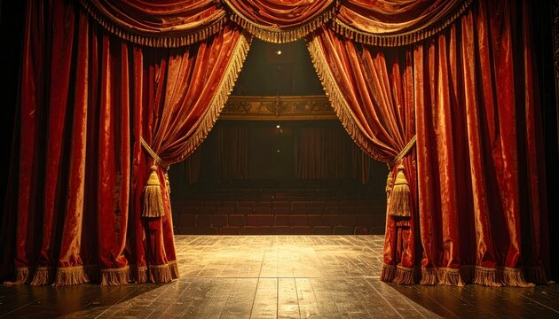 Elegant red velvet theater curtains with gold tassels pulled back to reveal a dimly lit stage for a performance.