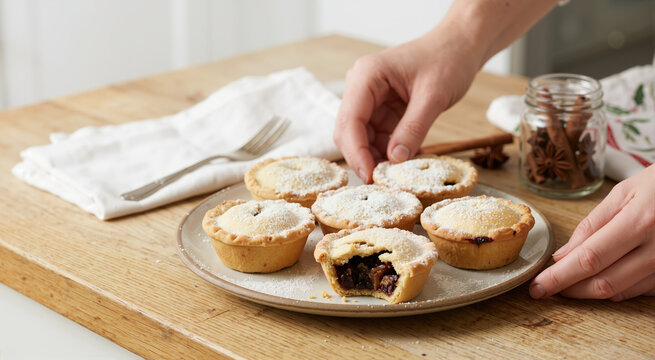 Person serving traditional mince pies on a plate. Christmas food theme