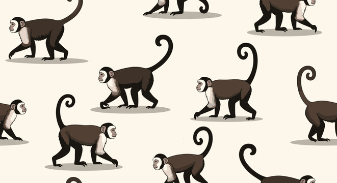 Capuchin monkey walking seamless pattern design featuring various primate positions on light colored background.