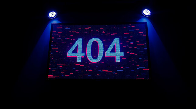 Digital screen displaying a bright blue four zero four error code on a dark background in this professional studio photograph