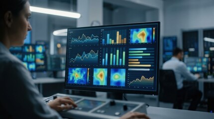 Fototapeta premium Medium shot focused on key performance indicators KPIs within a digital twin interface showcasing dynamic data analysis and yield forecasting for resistor line optimization.