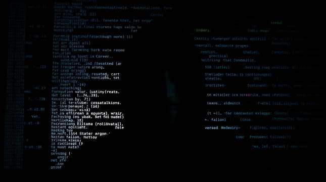 Digital text displayed on a dark monitor screen captures this abstract conceptual photograph showing complex information and mysterious programming code lines