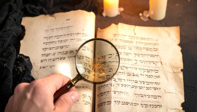 Hand holding magnifying glass over ancient Hebrew script on aged parchment pages, illuminating historical text and cultural heritage.