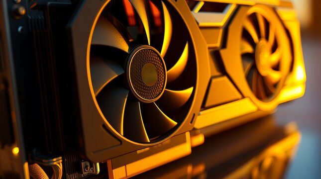Close up photo of a powerful computer graphics card cooling fan illuminated by warm golden light in a dark room