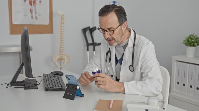 Man doctor holds pill bottle and points two fingers while reading the label in building; telemedicine guidance concern.