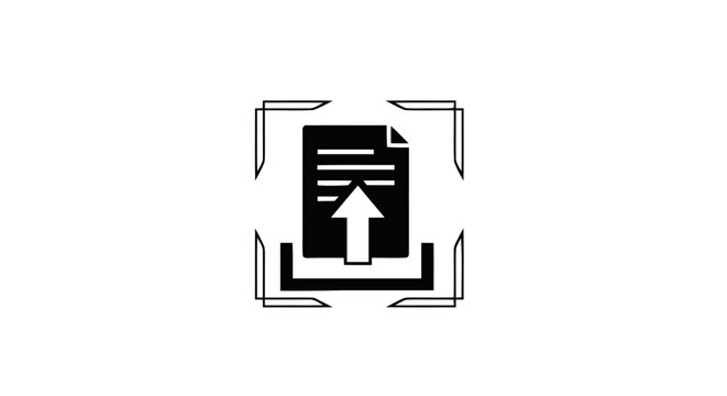 Black and white document upload icon.