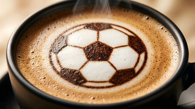 Coffee Art Celebration: A steaming cup of latte art features a detailed soccer ball design, perfect for sports fans and coffee lovers celebrating game day or a match.