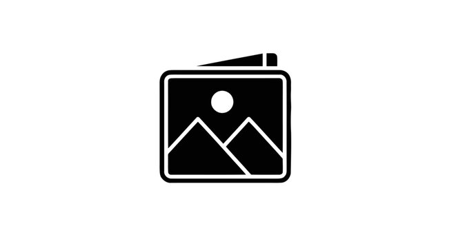 Black and white mountain icon graphic.