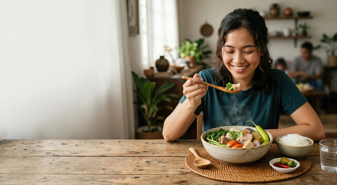Woman eating traditional Filipino sinigang soup at a wooden table. Sour tamarind soup with meat and vegetables