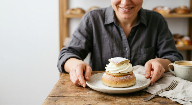 Close up of a woman serving a traditional Swedish semla bun. Cream filled pastry on a plate in a bakery setting
