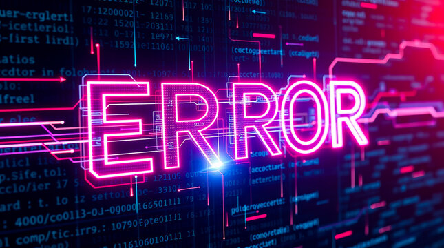 Bright neon error text glowing on a digital interface screen in this high quality photograph showing complex system failure code