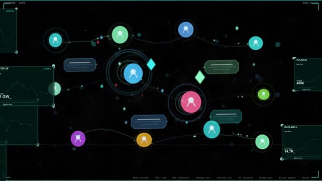 Central network map animating after data pulse, nodes pulsing, diamonds moving to show activity