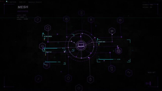 Central reticle initiating scan, laptop hub building mesh, brackets marking nodes for tracking