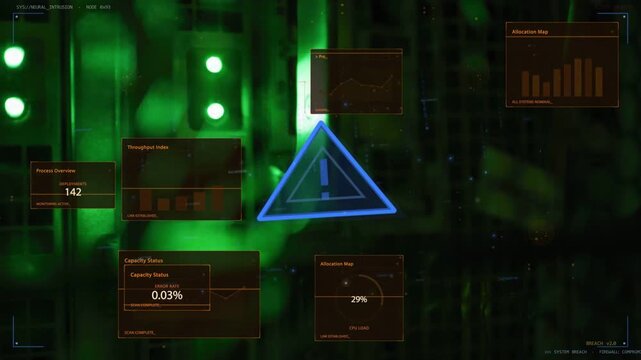 Blue triangle appearing, pulsing while HUD panels fading, stacking and aligning to show rack status