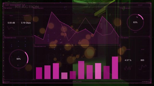 Magenta HUD fading in, bars rising, charts shifting, gauges filling, visualizing fleet metrics
