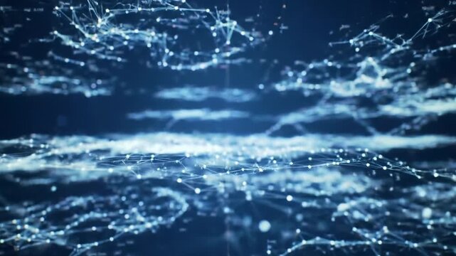 A vast, abstract digital neural network with brightly pulsating data points and ethereal glowing lines, subtly shifting in a deep blue digital void with shallow depth of field, captured with a