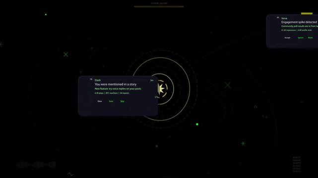 Center rings, 8-point star flaring, pulsing, sending alerts sliding, clustering to show engagement
