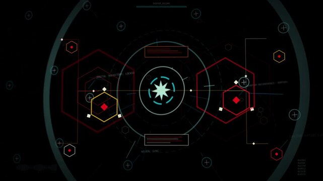 HUD center motif starting outer ring sweeping scaling hexes tracing links pulsing star showing scan