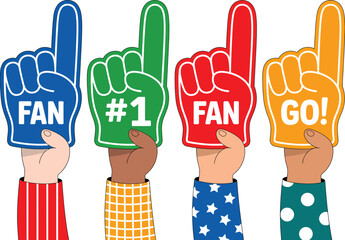 Foam finger cartoon illustration set, generic colorful fan hands with sports cheering messages for event and stadium design. © FASTSEO