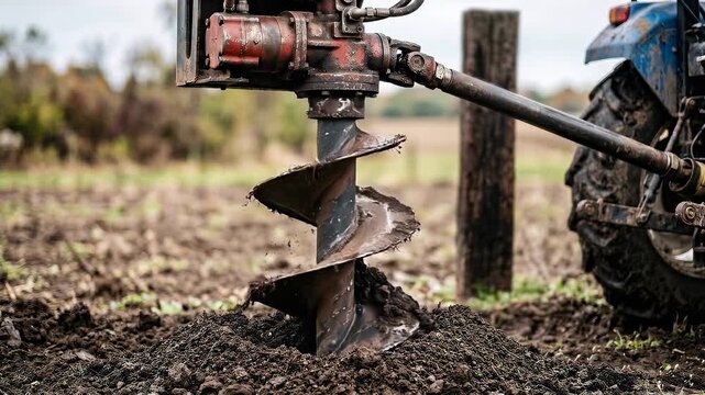 Slow motion tracking shot of tractor auger drill rotating and lifting soil in agricultural field during daytime work